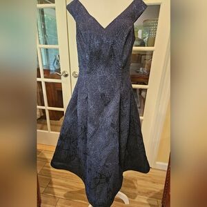 Teri Jon by Rickie Freeman Navy Metallic Jacquard A Line Dress Size 12 MSRP $580